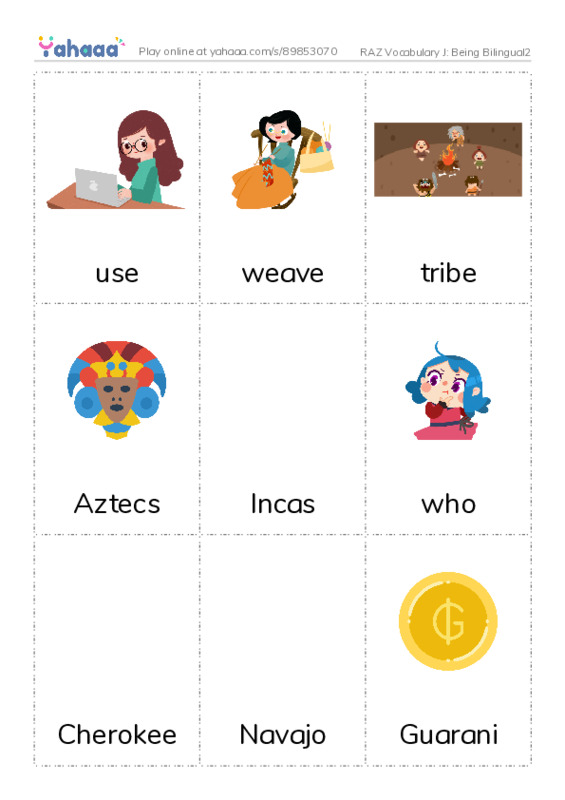 RAZ Vocabulary J: Being Bilingual2 PDF flaschards with images