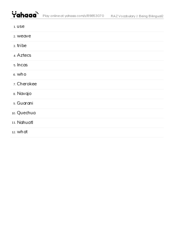 RAZ Vocabulary J: Being Bilingual2 PDF words glossary