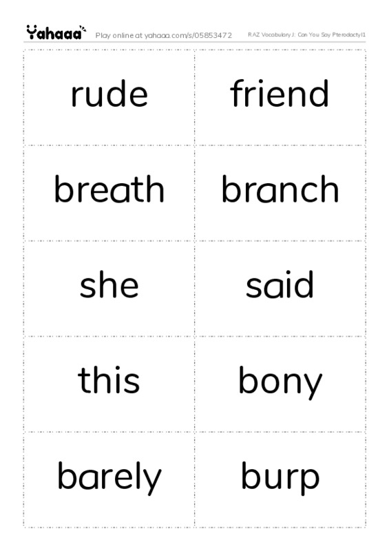 RAZ Vocabulary J: Can You Say Pterodactyl1 PDF two columns flashcards