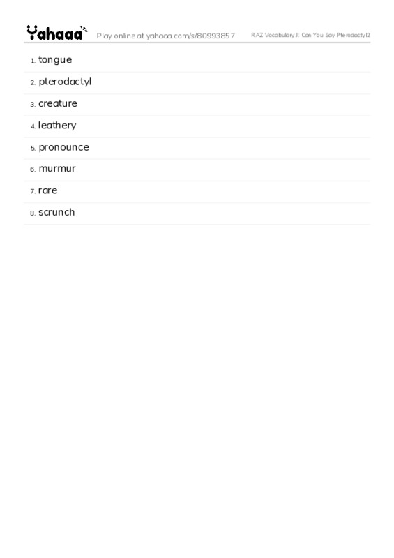 RAZ Vocabulary J: Can You Say Pterodactyl2 PDF words glossary