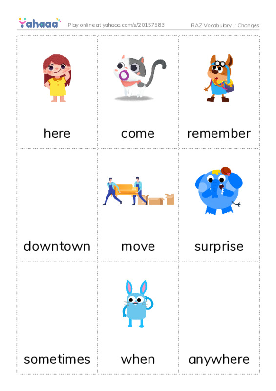 RAZ Vocabulary J: Changes PDF flaschards with images