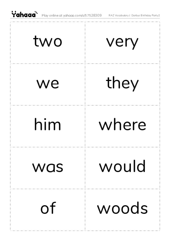 RAZ Vocabulary J: Darbys Birthday Party2 PDF two columns flashcards