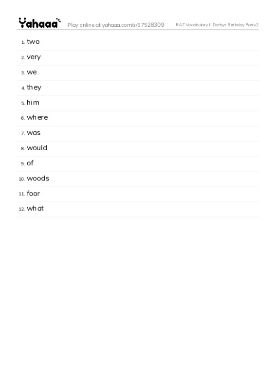RAZ Vocabulary J: Darbys Birthday Party2 PDF words glossary