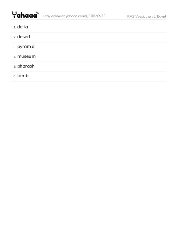 RAZ Vocabulary J: Egypt PDF words glossary