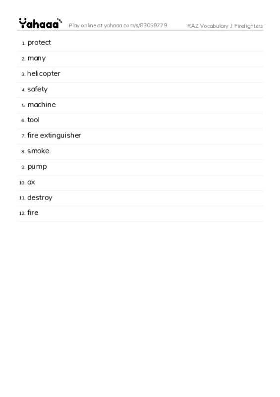 RAZ Vocabulary J: Firefighters PDF words glossary