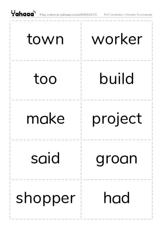 RAZ Vocabulary J: Hannahs Townspeople PDF two columns flashcards