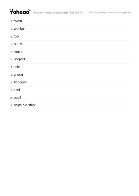 RAZ Vocabulary J: Hannahs Townspeople PDF words glossary