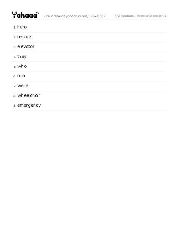 RAZ Vocabulary J: Heroes of September 11 PDF words glossary