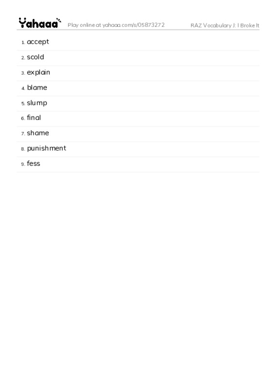 RAZ Vocabulary J: I Broke It PDF words glossary
