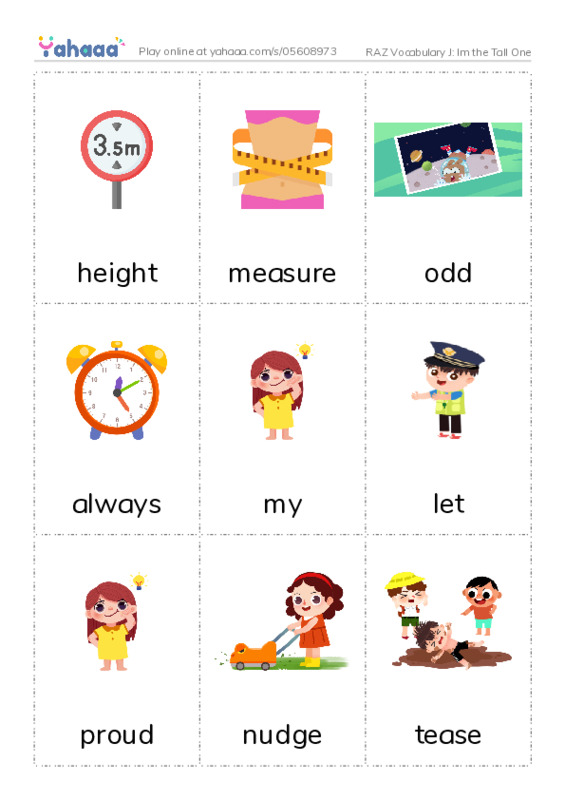 RAZ Vocabulary J: Im the Tall One PDF flaschards with images