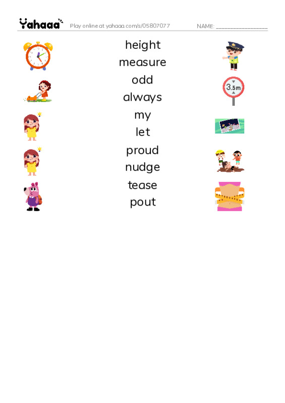 RAZ Vocabulary J: Im the Tall One PDF three columns match words
