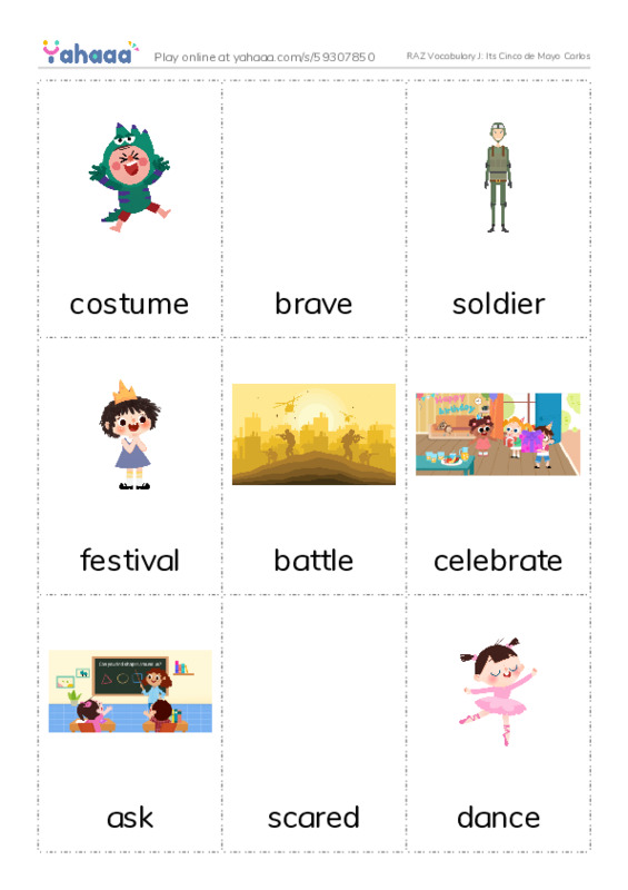 RAZ Vocabulary J: Its Cinco de Mayo Carlos PDF flaschards with images