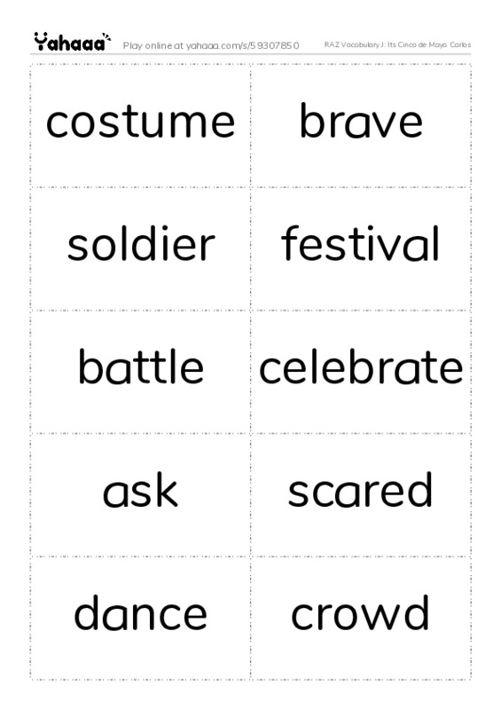 RAZ Vocabulary J: Its Cinco de Mayo Carlos PDF two columns flashcards