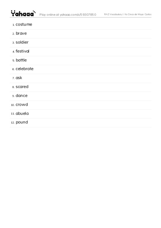 RAZ Vocabulary J: Its Cinco de Mayo Carlos PDF words glossary