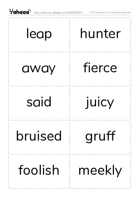 RAZ Vocabulary J: Leopard Ram and Jackal PDF two columns flashcards