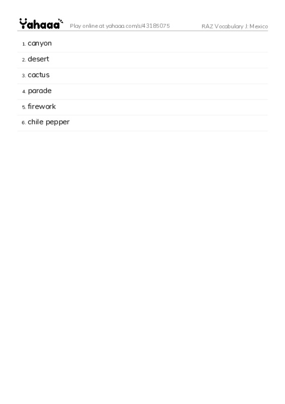 RAZ Vocabulary J: Mexico PDF words glossary