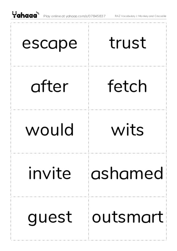 RAZ Vocabulary J: Monkey and Crocodile PDF two columns flashcards