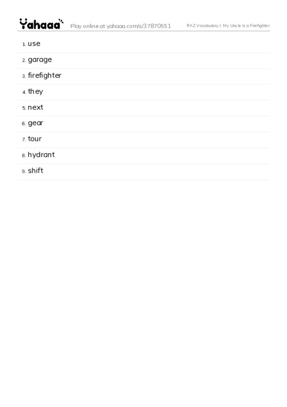 RAZ Vocabulary J: My Uncle Is a Firefighter PDF words glossary