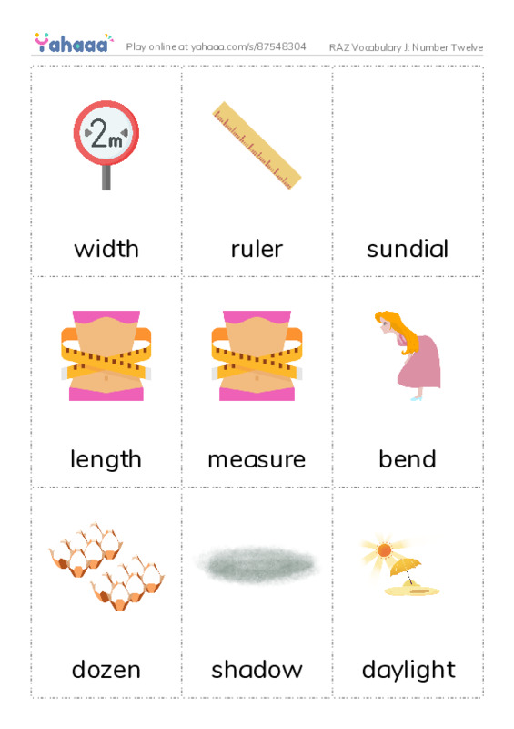 RAZ Vocabulary J: Number Twelve PDF flaschards with images