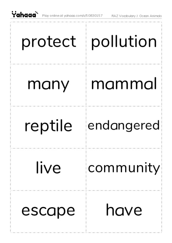 RAZ Vocabulary J: Ocean Animals PDF two columns flashcards