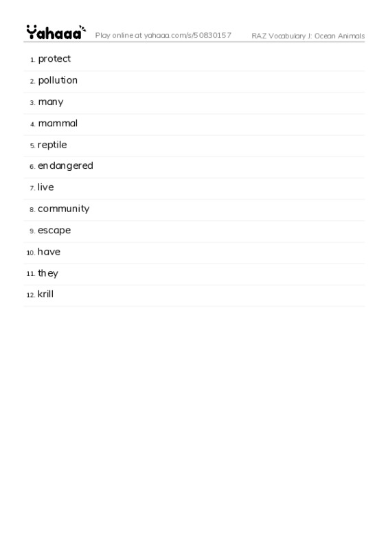 RAZ Vocabulary J: Ocean Animals PDF words glossary