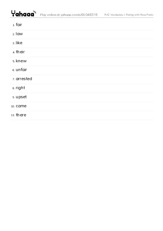 RAZ Vocabulary J: Riding with Rosa Parks PDF words glossary