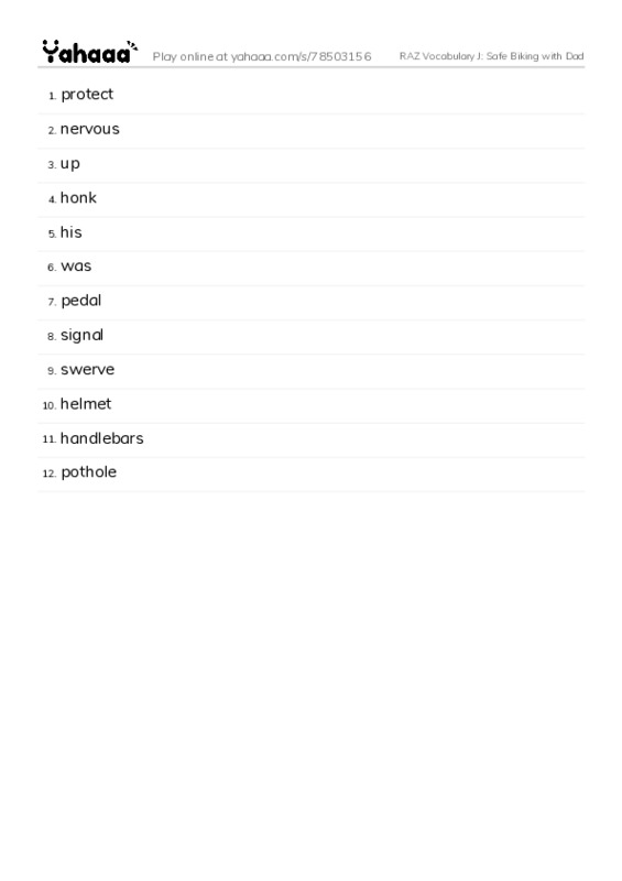 RAZ Vocabulary J: Safe Biking with Dad PDF words glossary