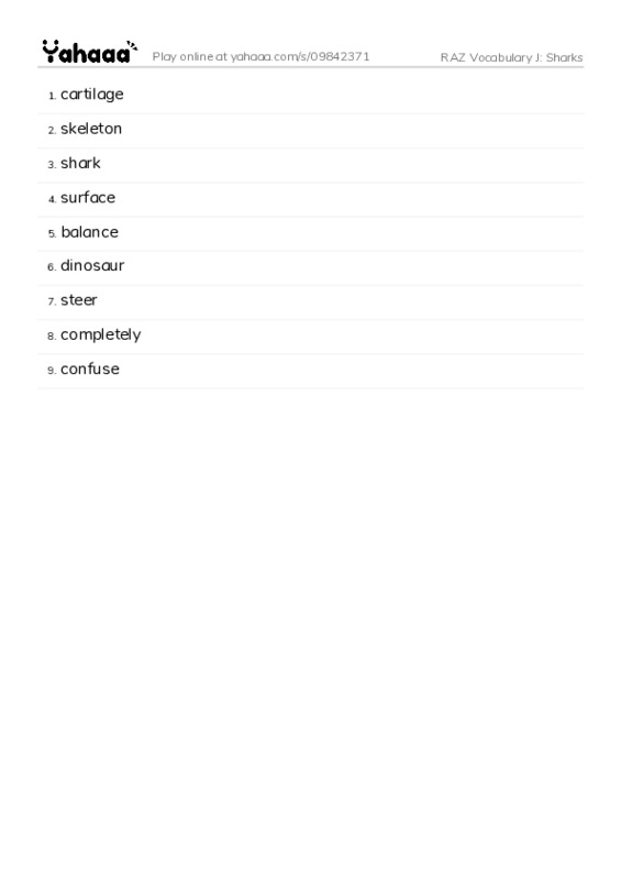 RAZ Vocabulary J: Sharks PDF words glossary