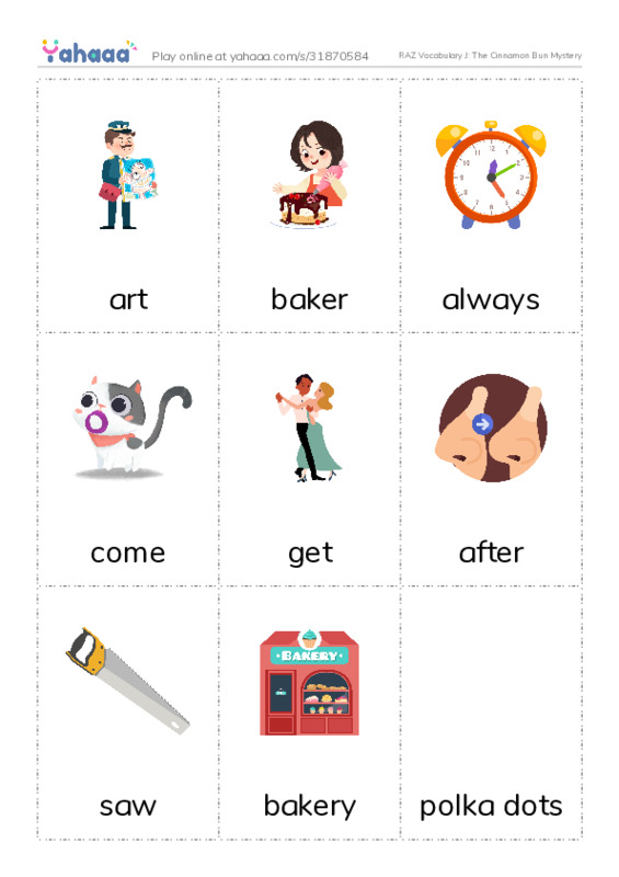 RAZ Vocabulary J: The Cinnamon Bun Mystery PDF flaschards with images