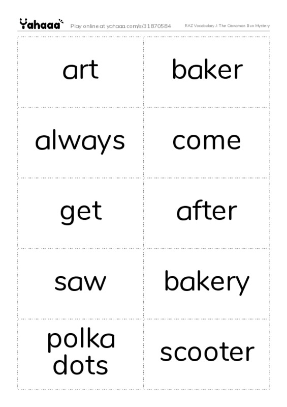 RAZ Vocabulary J: The Cinnamon Bun Mystery PDF two columns flashcards