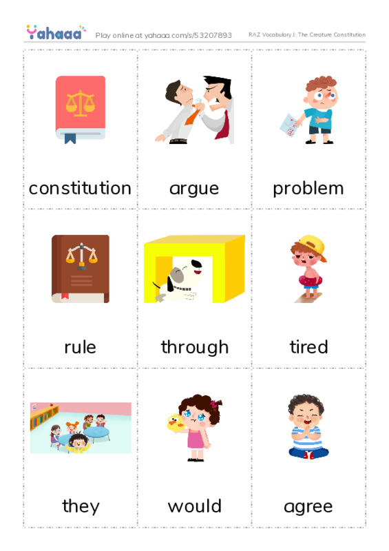 RAZ Vocabulary J: The Creature Constitution PDF flaschards with images