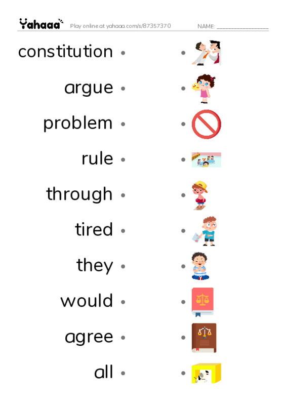 RAZ Vocabulary J: The Creature Constitution PDF link match words worksheet