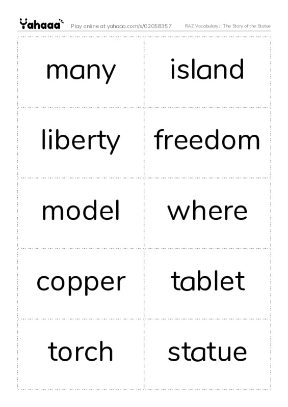 RAZ Vocabulary J: The Story of the Statue PDF two columns flashcards