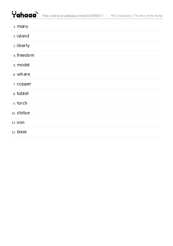 RAZ Vocabulary J: The Story of the Statue PDF words glossary