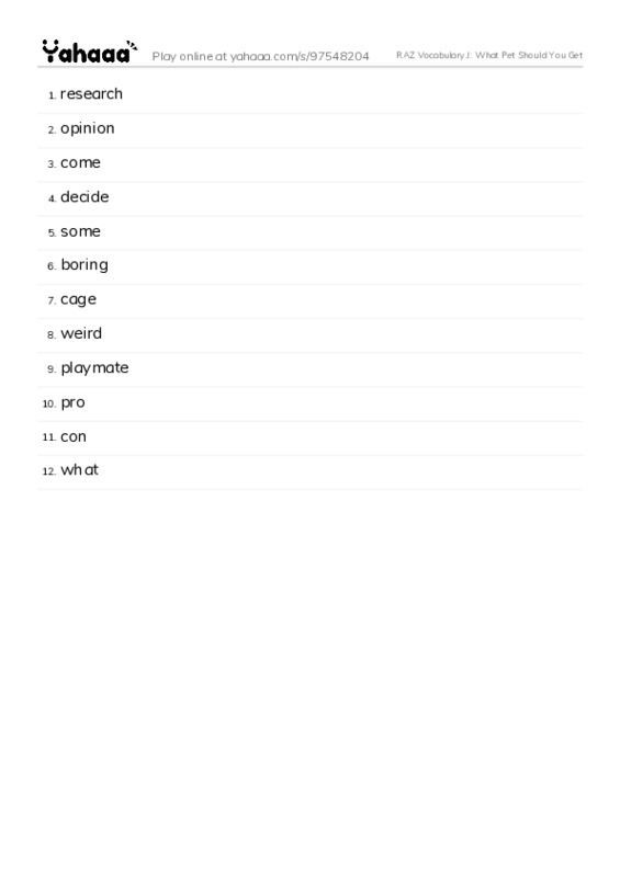 RAZ Vocabulary J: What Pet Should You Get PDF words glossary
