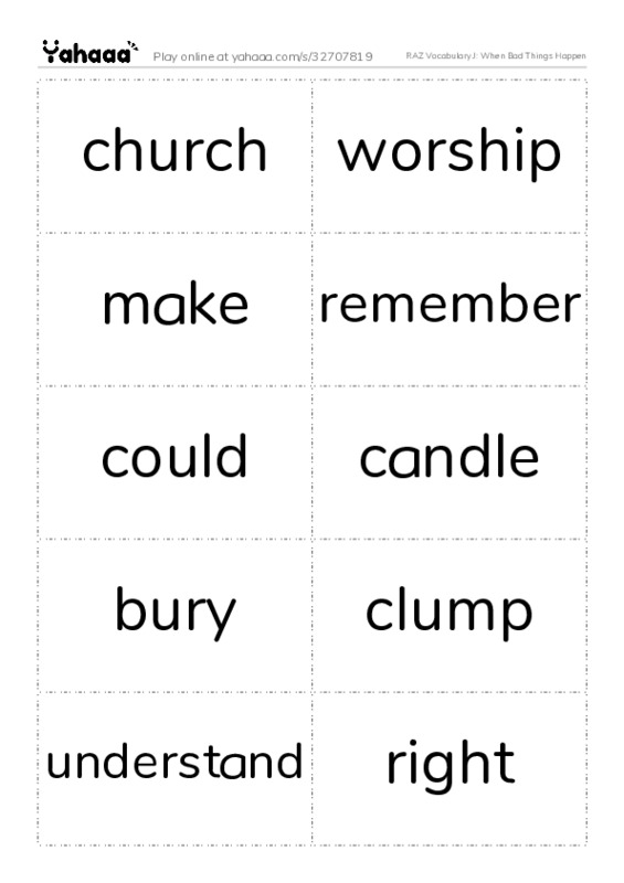 RAZ Vocabulary J: When Bad Things Happen PDF two columns flashcards