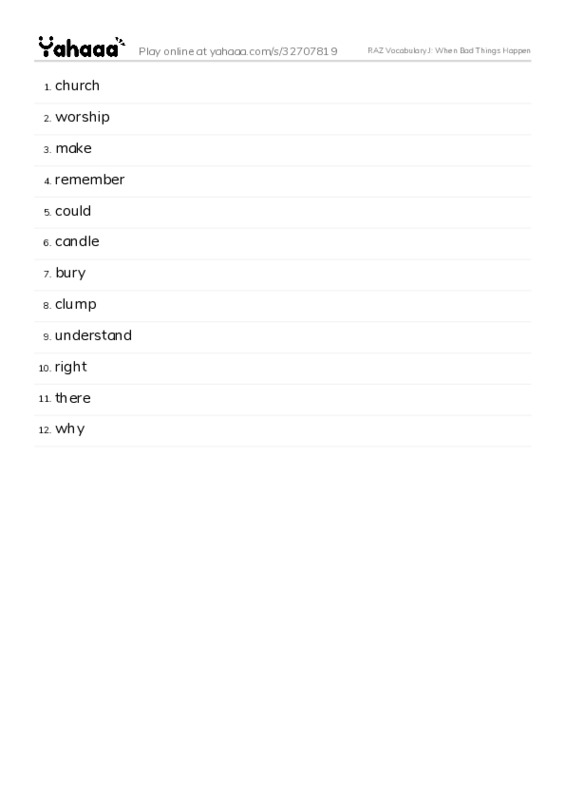 RAZ Vocabulary J: When Bad Things Happen PDF words glossary