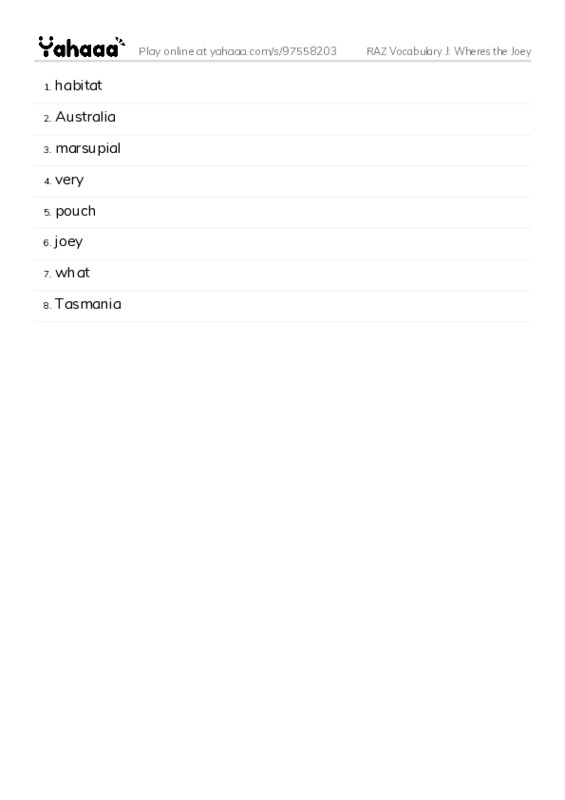 RAZ Vocabulary J: Wheres the Joey PDF words glossary