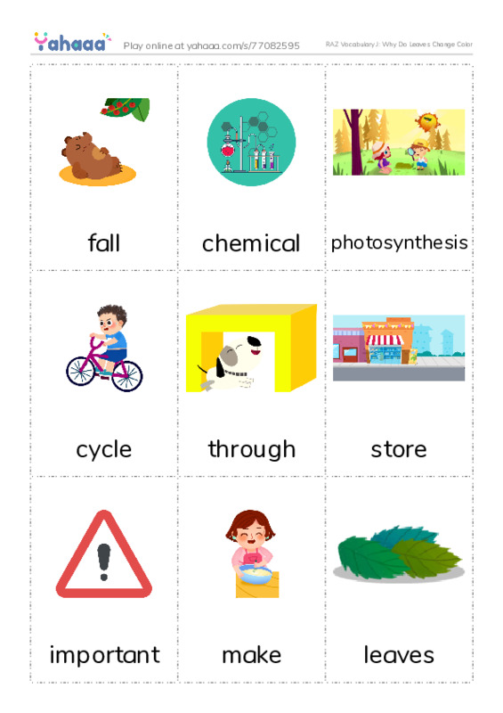 RAZ Vocabulary J: Why Do Leaves Change Color PDF flaschards with images