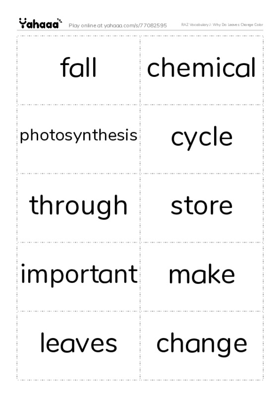 RAZ Vocabulary J: Why Do Leaves Change Color PDF two columns flashcards