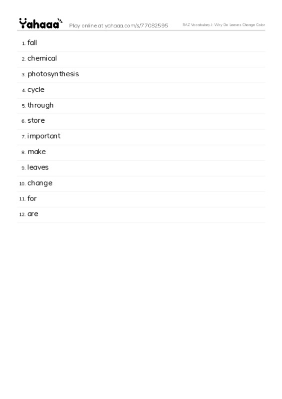 RAZ Vocabulary J: Why Do Leaves Change Color PDF words glossary
