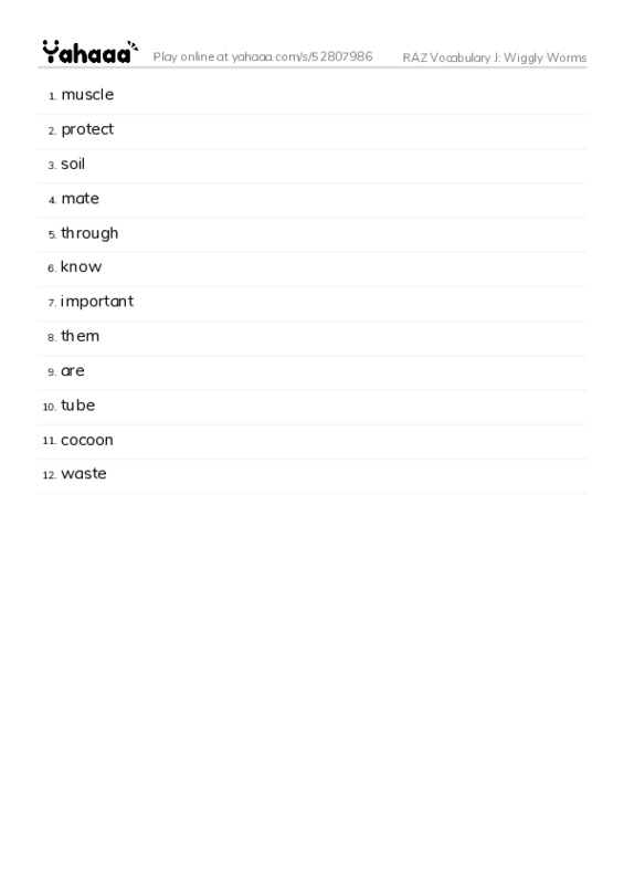 RAZ Vocabulary J: Wiggly Worms PDF words glossary