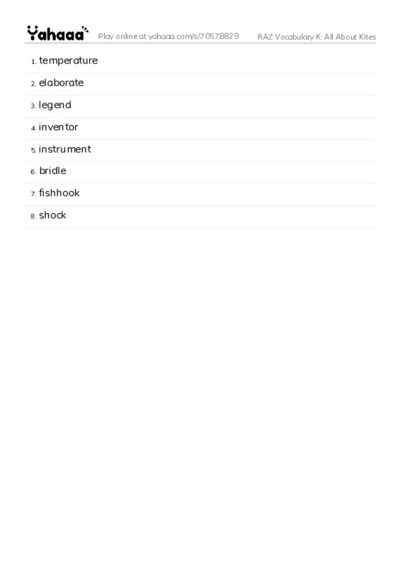 RAZ Vocabulary K: All About Kites PDF words glossary