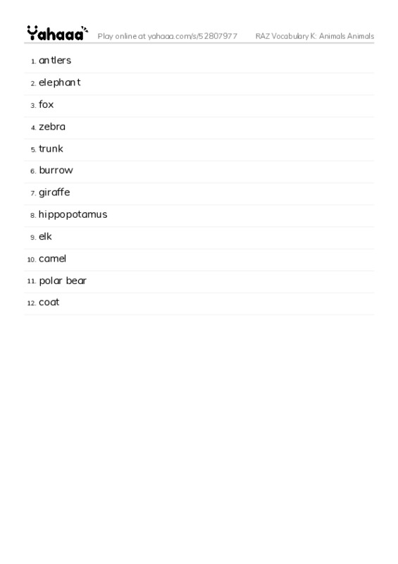 RAZ Vocabulary K: Animals Animals PDF words glossary