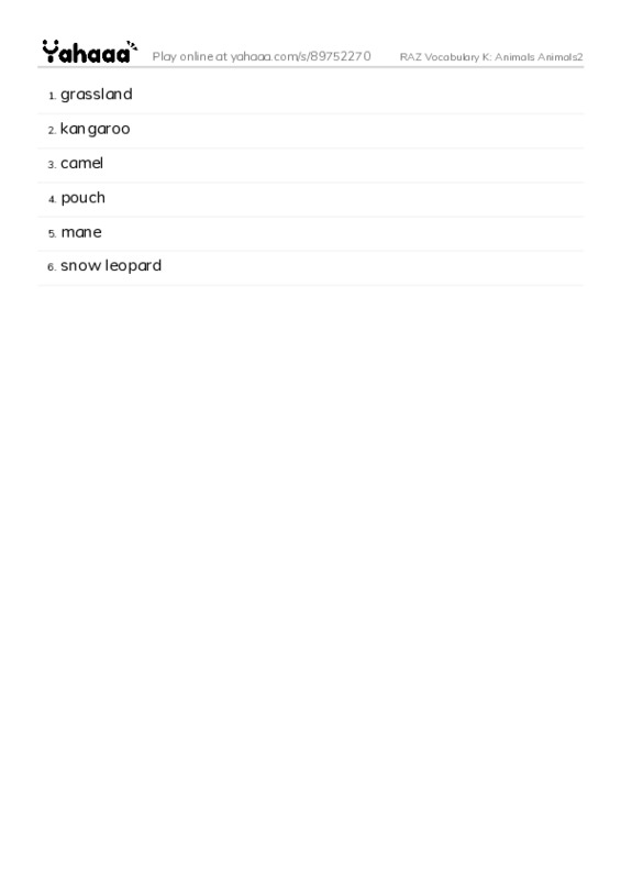 RAZ Vocabulary K: Animals Animals2 PDF words glossary
