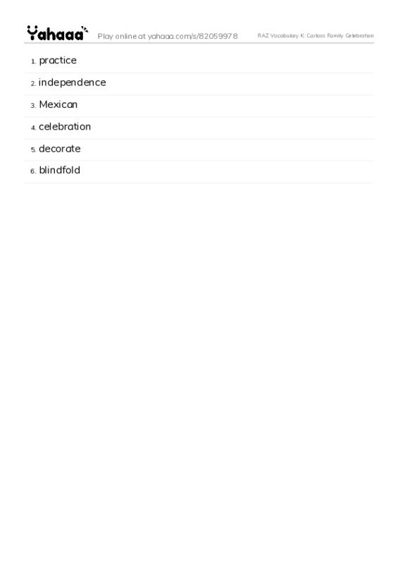 RAZ Vocabulary K: Carloss Family Celebration PDF words glossary