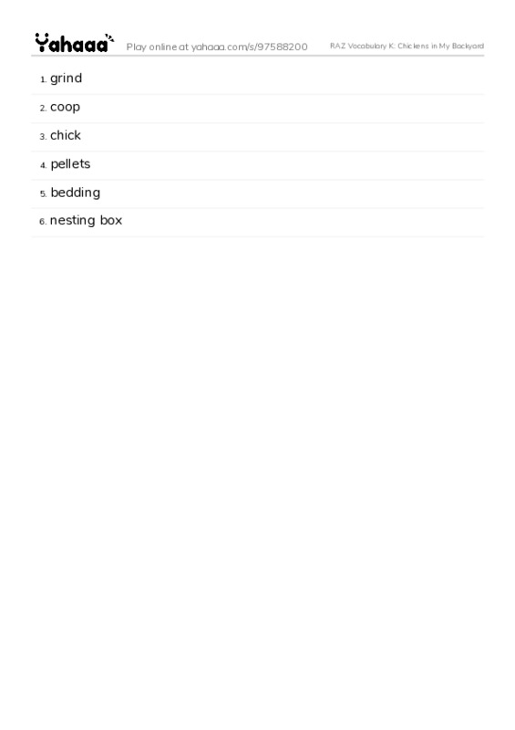 RAZ Vocabulary K: Chickens in My Backyard PDF words glossary