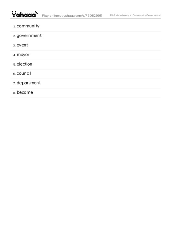 RAZ Vocabulary K: Community Government PDF words glossary