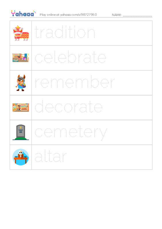 RAZ Vocabulary K: Dia de los Muertos PDF one column image words