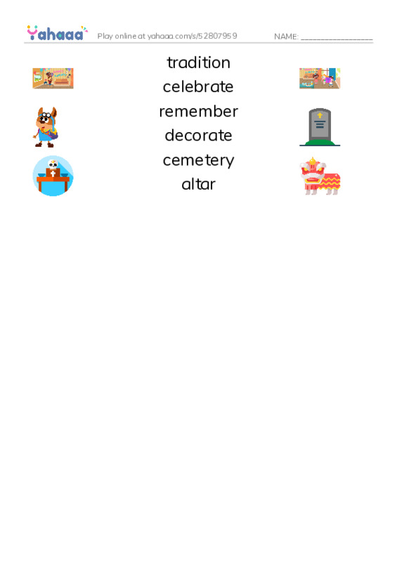 RAZ Vocabulary K: Dia de los Muertos PDF three columns match words